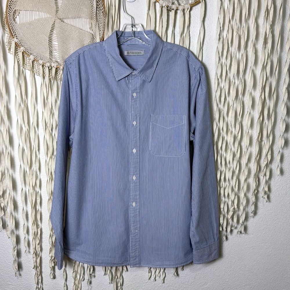 Outerknown Men's Blue and White Stripe Long Sleeve Button Down Dress Shirt L